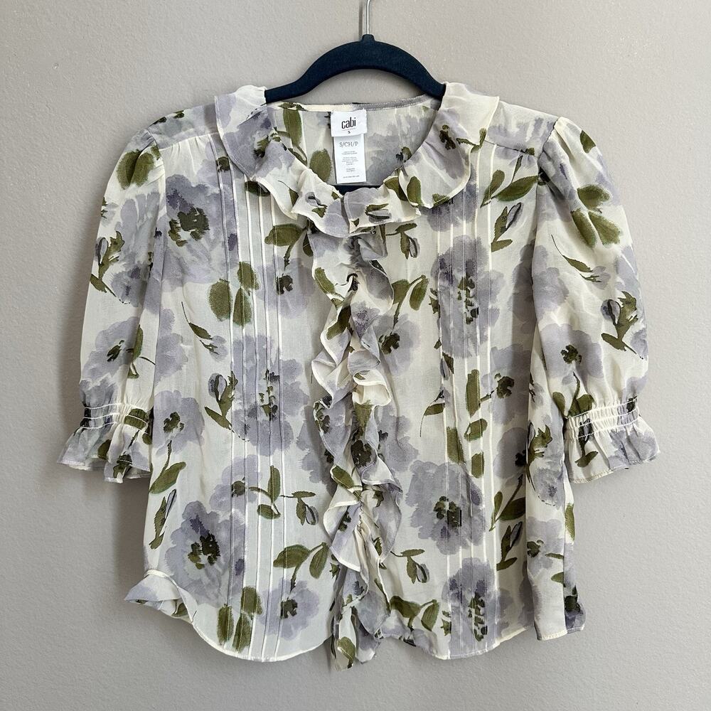 Cabi 4720 Printed Cherish Blouse Lavender Ruffle Front Cottagecore Boho Romantic